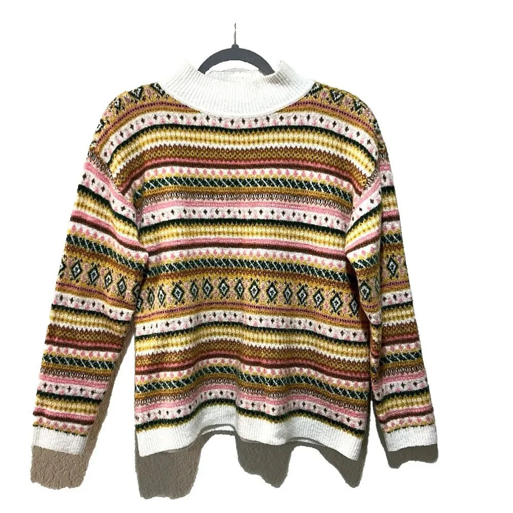 Talbots Colorful Fair Isle Sweater L Petite Women's Striped Pink Green Yellow
